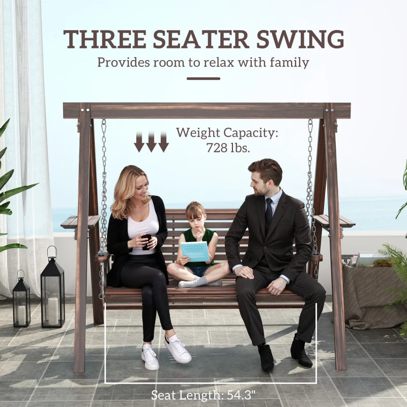 3-Seat Wooden Porch Swing with Stand & Side Tables - Outdoor Patio Swing