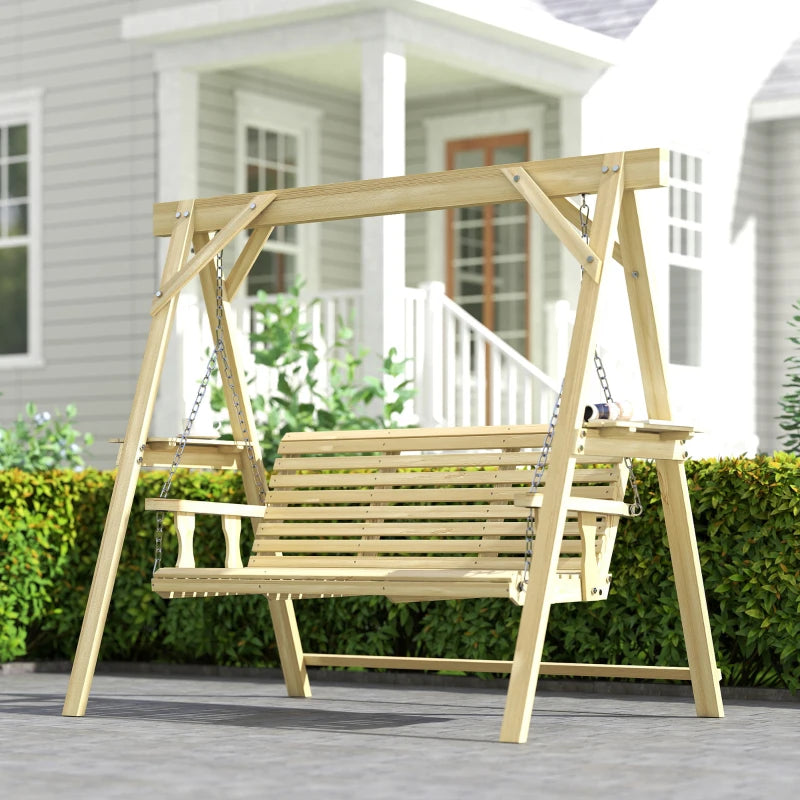 3-Seat Wooden Porch Swing with Stand & Side Tables - Outdoor Patio Swing